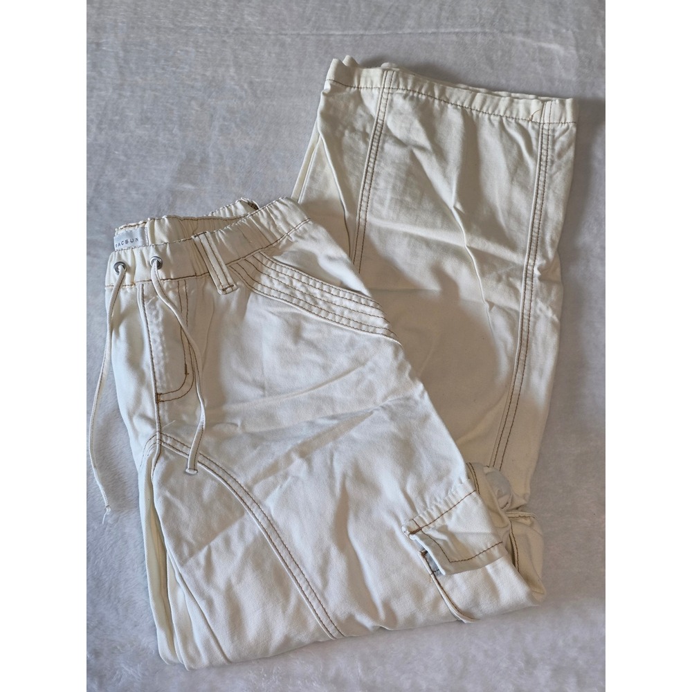 PacSun Baggy Cargo Pants Bone White Contrast Stitch Wide Leg Women XS Y2K Grunge